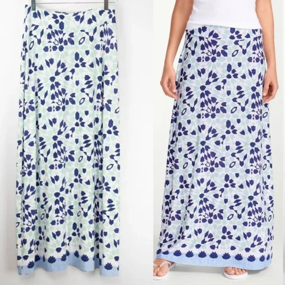 Tommy Bahama Maxi Skirt Stretch Border Tile Pattern Blue Green White Size XS New